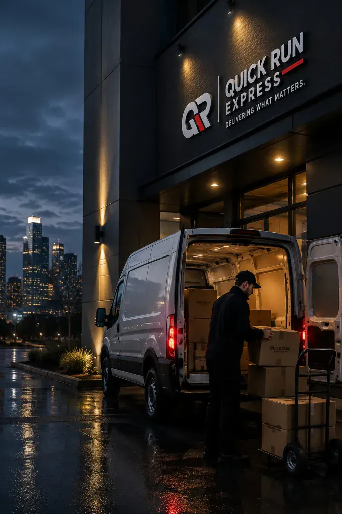 Quick-Run Express driver loading a van at the depot for the next delivery run
