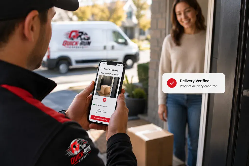 Driver capturing verified proof of delivery at the door