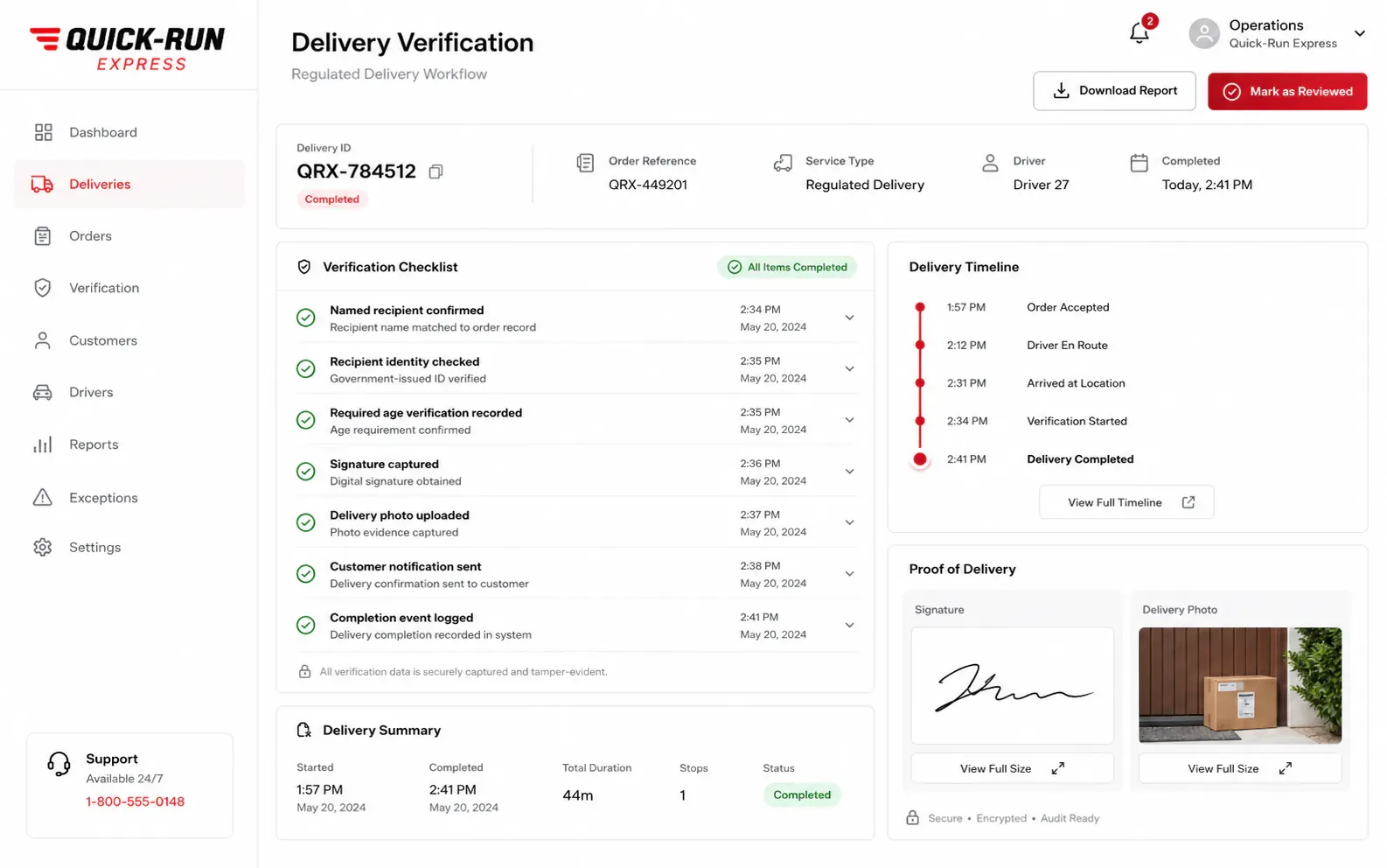 Verification interface used during regulated delivery